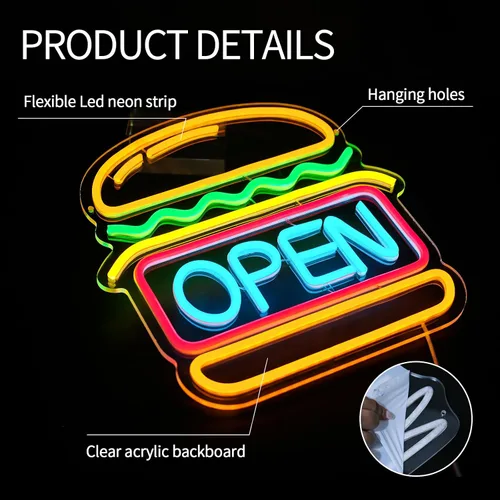 Miniatura 6 de Letrero de neón de hamburguesas abierto para decoración de pared Luces LED de hamburguesa regulables Letreros de neón abiertos para negocio Luz