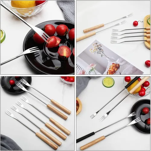 Miniatura 5 de CALLARON 12 tenedores para fondue de acero inoxidable, mango de madera, tenedor de chocolate, herramientas de fondue de queso, tenedores de fondue