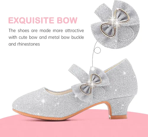 Miniatura 4 de Dufannie Zapatos de vestir para niñas, zapatos de tacón bajo de princesa, zapatos planos con purpurina para bodas y fiestas