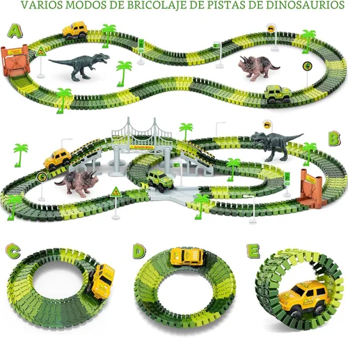 Miniatura 5 de Pistas de dinosaurios, 271 piezas Create A Dinosaur World Road Race para niños, juguetes flexibles de tren con 2 autos de carreras geniales y 2