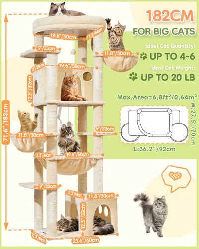 Miniatura 2 de Taoqimiao Árbol para gatos de 72 pulgadas, torre XXL para gatos de interior y adultos, plataforma extragrande, 2 casas para gatos, 7 postes