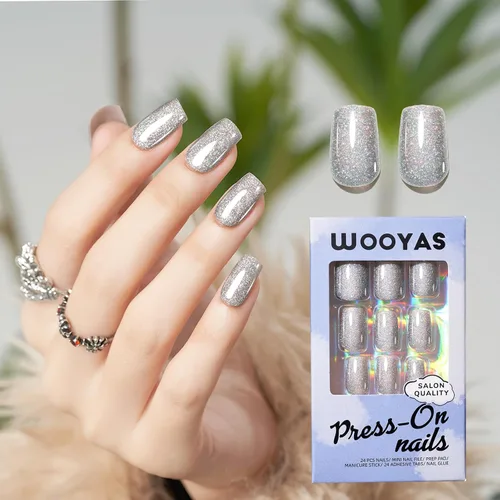 Miniatura 7 de Uñas postizas a presión extra cortas de color rojo cereza, uñas postizas cuadradas medianas, kit de pegamento reutilizable con pestañas adhesivas