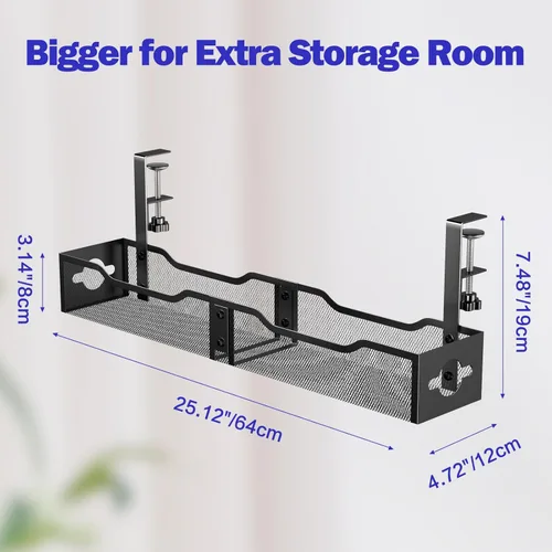 Miniatura 2 de Bandeja de organización de cables para debajo del escritorio de 25.12 pulgadas, organización de cables extra grande, sin taladros, organizador