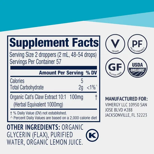 Miniatura 4 de Vimergy USDA Organic - Líquido de garra de gato - Proporciona apoyo antioxidante* - Beneficia al sistema inmunológico* - Vegano, sin gluten, sin OMG
