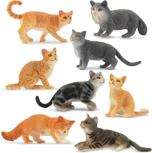 Toymany Juego de 8 figuras de gato gris y naranja, figuras de gato realistas, juguetes de gatito, decoración de pastel de gato, huevo de Pascua,