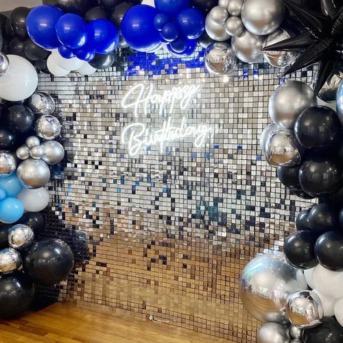 Miniatura 6 de COKAOBE Fondo de pared plateado brillante, 36 piezas de panel de fondo cuadrado de lentejuelas brillantes, fondos de fotos para cumpleaños