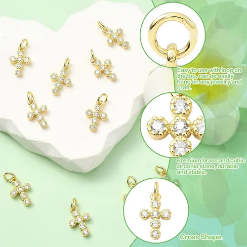 Miniatura 3 de KitBeads 10 dijes de cruz de circonita cúbica chapados en oro de 18 quilates con cruz religiosa para hacer joyas, pulseras, collares, aretes a granel