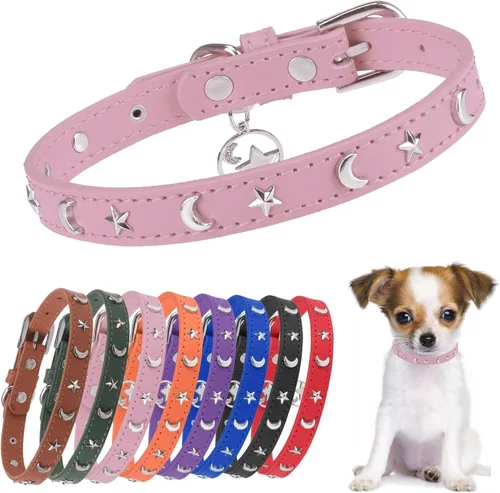 Miniatura 10 de Collar de cuero para perros pequeños, collar suave y ajustable con remaches de estrella y luna para perros machos y hembras, collares para cachorros