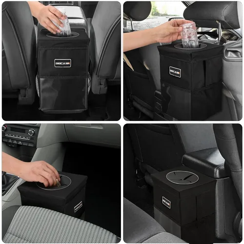 Miniatura 7 de Cubo de basura para automóvil con tapa - Bolsa de basura colgante con bolsillos de almacenamiento a prueba de fugas, organizador de SUV plegable