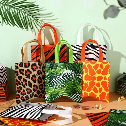Miniatura 2 de Tallew 20 bolsas de fiesta con estampado de animales, bolsas de golosinas de vida silvestre, safari, selva, bolsa no tejida con diseño de hojas
