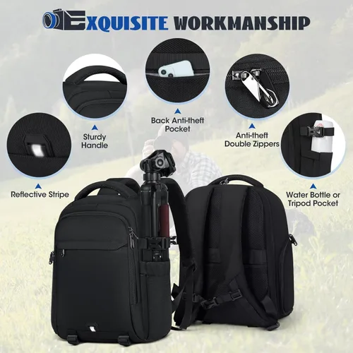 Miniatura 8 de RAINSMORE Mochila para cámara para fotógrafos DSLR SLR SLR sin espejo con cubierta impermeable para lluvia y compartimento para laptop, se adapta a