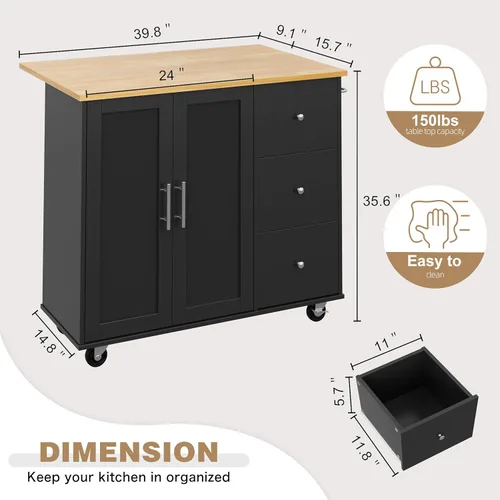 Miniatura 3 de Shintenchi Isla de cocina con hoja plegable, mesa de isla enrollable con almacenamiento, armario de cocina con ruedas con área de asiento