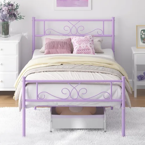 Weehom - Base de cama tamaño individual con cabecero, estribo, soporte de listones de acero, cama metálica tamaño individual, no necesita somier,