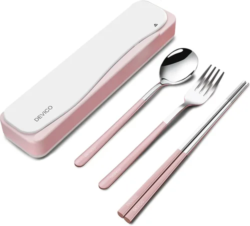 Miniatura 15 de DEVICO Utensilios de viaje, juego de cubiertos de acero inoxidable 18/8, 4 piezas, juego portátil y reutilizable para camping, incluye tenedor, Rojo