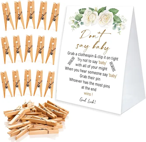 Miniatura 7 de Juego de pinzas para la ropa de baby shower, un cartel de papel recubierto de 5 x 7 pulgadas y 50 pinzas naturales para la ropa, baby shower
