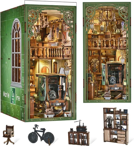 Miniatura 8 de MiniCity - Kit de manualidades para rincón de lectura, estantería de libros, inserto de estantería de madera, rompecabezas 3D, sujetalibros con luz