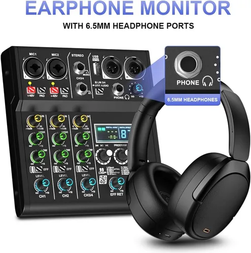 Miniatura 5 de XR-4 Negro Mezclador DJ Profesional de 4 Canales con DSP Integrado 99 Sonidos + Bluetooth 5.0 USB Grabación Karaoke Rendimiento en Vivo Diseño