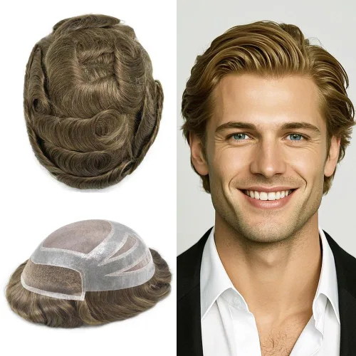 Miniatura 27 de Sistema de repuesto de piezas de cabello humano tipo tupé para hombre, transpirable, encaje francés, peluca para hombre, peluca de piel de #1B Negro