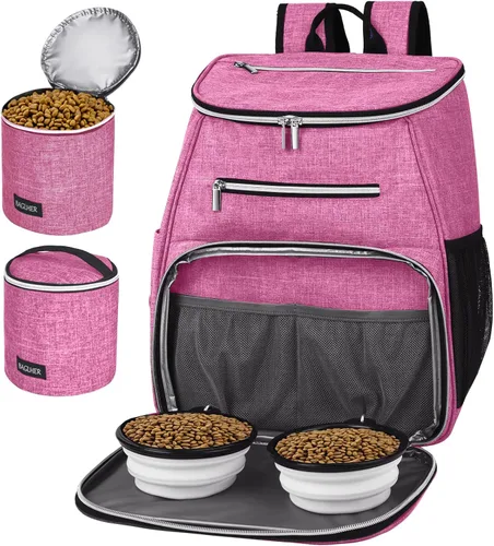 BAGLHER Mochila de viaje para perros, mochila de suministros para mascotas aprobada por aerolíneas, bolsa de viaje para perros con 2 cuencos Rosa