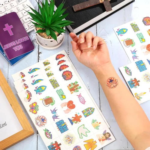 Miniatura 4 de Landhoow 240 tatuajes religiosos cristianos temporales para niños, tatuajes faciales con brillantina, calcomanías para el cuerpo, accesorio
