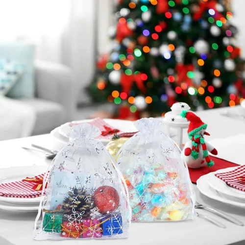 Miniatura 5 de HRX Package 100 bolsas de organza de copo de nieve de Navidad de 5 x 7 pulgadas, bolsas de regalo de malla con cordón blanco para joyas, dulces