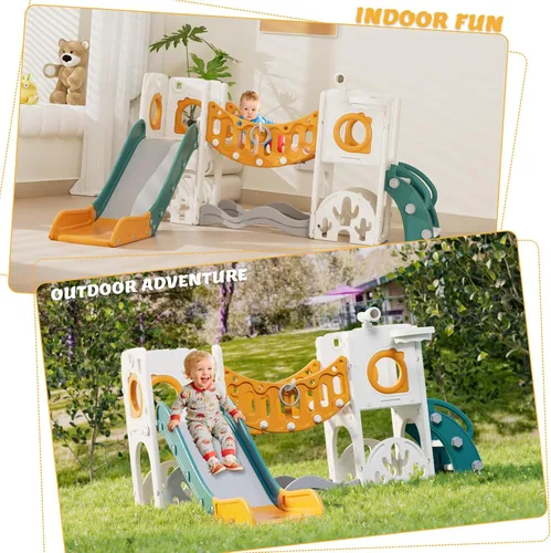 Miniatura 5 de Conjunto de juegos de parque infantil para niños pequeños con arco de escalada, juego de golf, tobogán y aro de baloncesto - Juguetes
