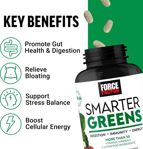 Miniatura 2 de Force Factor Smarter Greens Tabletas, suplemento de verduras con más de 25 superalimentos y antioxidantes para mejorar la digestión, reducir