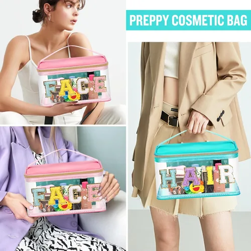 Miniatura 5 de izuzta Bolsas de maquillaje transparentes con letras de chenilla, bolsa de maquillaje de parche preppy con asa