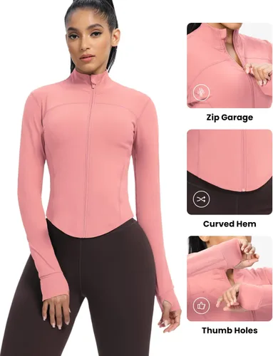 Miniatura 24 de AVGO Chaquetas de entrenamiento recortadas para mujer, con cremallera, ajustadas, atléticas, con agujeros para el pulgar