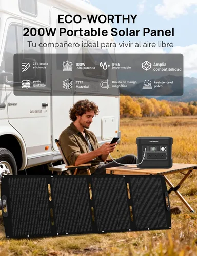 Miniatura 2 de ECO-WORTHY Panel solar portátil de 200 W para centrales eléctricas, IP65 impermeable y ligero con soporte ajustable, panel solar plegable de alta