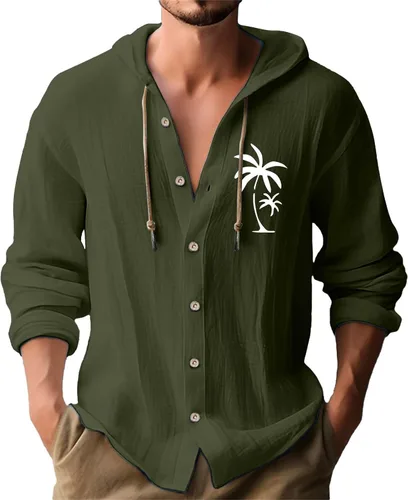 Miniatura 8 de Camisas de manga larga con botones para hombre, camisa con capucha a rayas verticales, casual, para vacaciones, verano, ligera, con cordón Z21