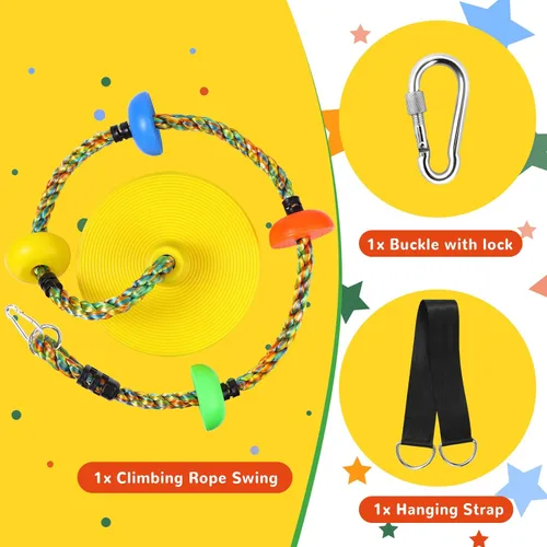 Miniatura 2 de Columpio de árbol para niños, juego de cuerda de escalada de asiento de un solo disco resistente con correa para colgar y mosquetones de plataforma
