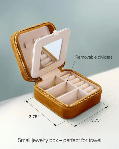 Miniatura 3 de Joyero de terciopelo afelpado para viaje, joyeros pequeños para mujer, estuche de viaje para joyas para mujer, organizador de aretes con espejo