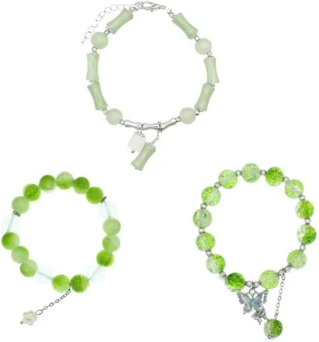 Miniatura 6 de Nyx&lvy Juego de pulseras de cuentas de cristal verde jade con dije, colección de 3 piezas, cadena dorada