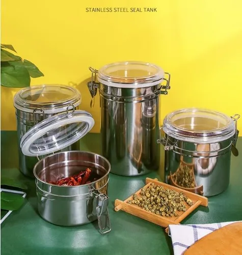 Miniatura 3 de Yosoo Recipientes de almacenamiento de acero inoxidable con tapas, recipiente hermético para café, té, azúcar y frijoles, tapa transparente