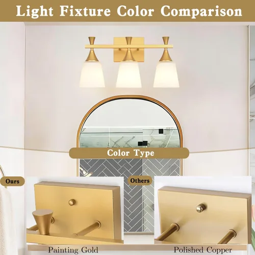 Miniatura 6 de Lámpara moderna de tocador de baño de 3 luces, lámparas de pared de vidrio de leche sobre el espejo, iluminación de tocador de oro cepillado
