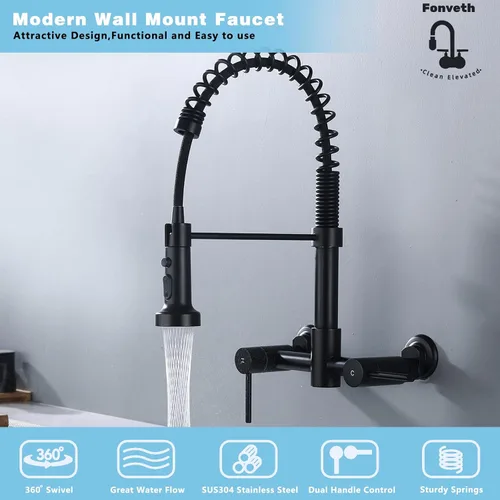 Miniatura 2 de Grifo de cocina de montaje en pared, grifo de fregadero de cocina de montaje en pared de centro de 8 pulgadas con rociador desplegable, comercial