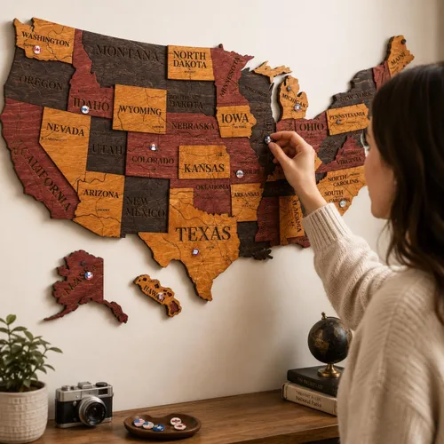 Miniatura 2 de Mapa de madera de EE. UU. lugares visitados - Mapa de madera de Estados Unidos con pines - Arte de pared decorativo 3D de rastreador de viajes