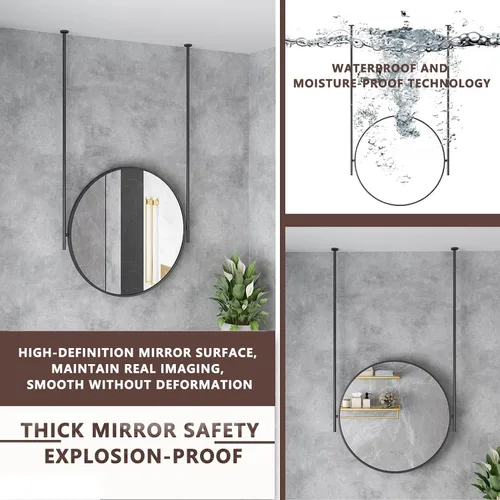 Miniatura 6 de Espejo redondo montado en el techo para baño, espejo de pared, espejo de barra colgante de techo, espejo de marco de metal negro, espejo decorativo