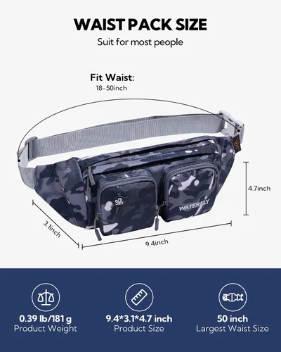 Miniatura 3 de WATERFLY Riñonera de gran tamaño para hombres y mujeres, para viajes, correr o caminar (camuflaje negro)