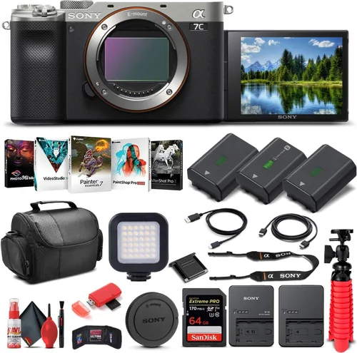 Sony Cámara digital sin espejo Alpha a7C (solo cuerpo, plateado) (ILCE7C/S) + tarjeta de memoria de 64 GB + 2 baterías NP-FZ-100 + software de foto
