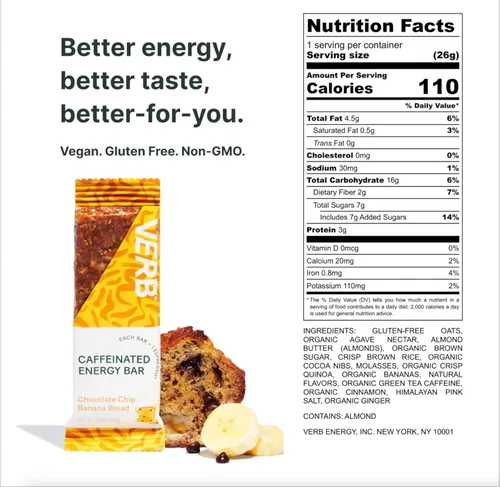 Miniatura 3 de Verb Barras de Energía Cafeinadas - Paquete de Variedad - 2 Sabores Deliciosos (26g, Paquete de 16) Barra de Energía Deliciosa de 110 Calorías, Baja