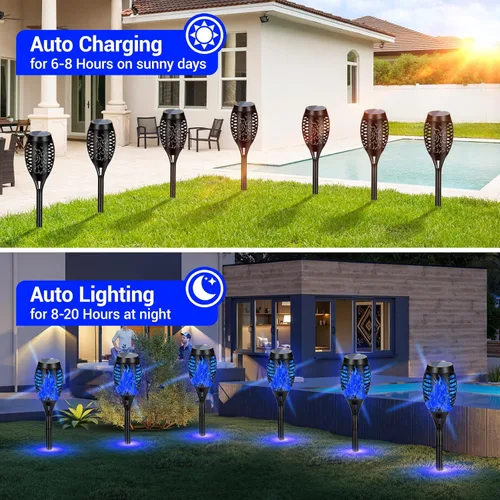 Miniatura 3 de Paquete de 4 antorchas solares impermeables para exteriores, llama parpadeante azul, luces solares de jardín para patio, antorchas Tiki