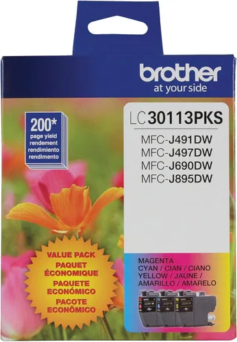Cartuchos de tinta de color genuinos Brother LC30113PKS de 3 unidades de rendimiento estándar, rendimiento de página de hasta 200 páginas/cartucho,
