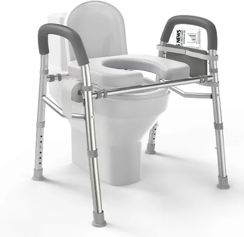 Asiento de inodoro elevado con asas, marco de seguridad médica resistente de 400 libras, asistencia de baño para personas mayores, discapacitados,