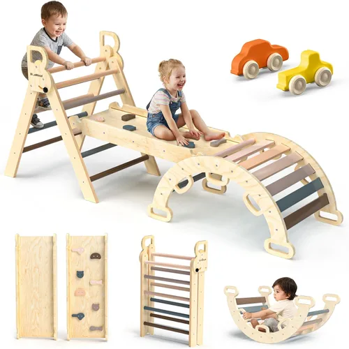 BlueWood Pikler - Juego de triángulos 7 en 1 plegables, juguetes de escalada Montessori de madera con arco y rampa y escalera, escalador para bebés,
