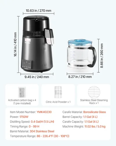 Miniatura 7 de VEVOR Destilador de Agua de 1750W, Fabricante de Agua Destilada de 0.4 Gal/H con Garrafa de Vidrio, Máquina Destiladora de Encimera de 4L/1.1 Gal