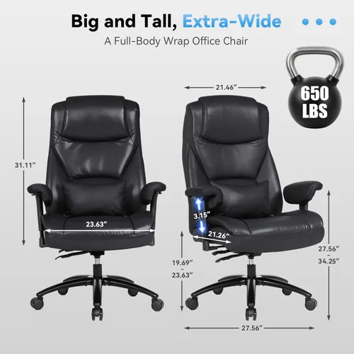 Miniatura 3 de Silla de escritorio de oficina grande y alta con reposabrazos de 5 posiciones, silla de oficina ejecutiva resistente de 650 libras, asiento extra