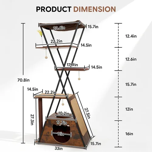 Miniatura 2 de Árbol moderno de madera para gatos grandes de 71 pulgadas, torre alta y resistente para gatos de interior, muebles para gatos de varios niveles