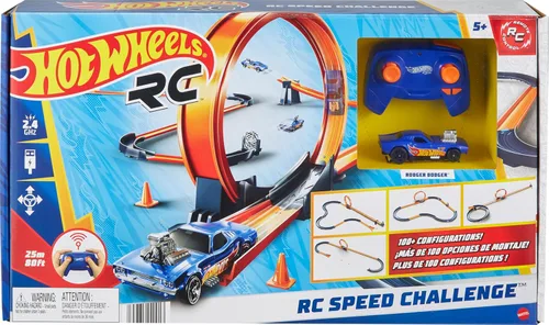 Conjunto de coche de juguete Hot Wheels RC con vehículo de control remoto a escala 1:64 y más de 30 piezas de pista de carreras para crear múltiples